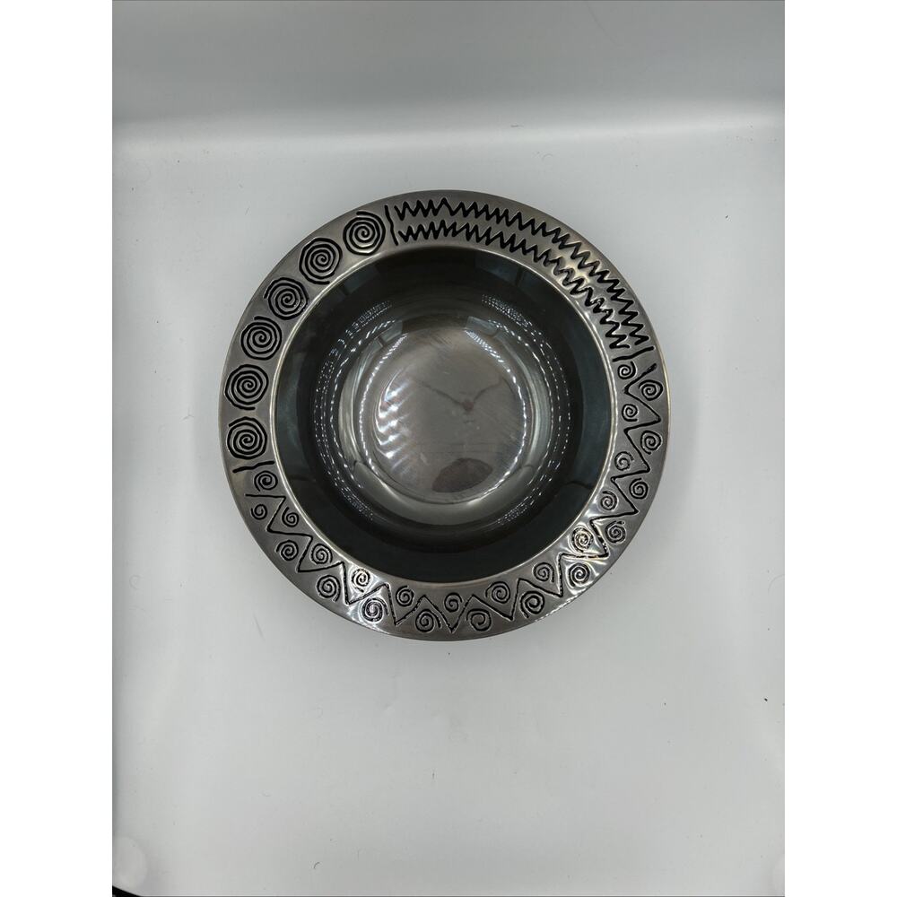 Metal Serving Bowl Etched Tribal Design Silver Tone Decorative Dish